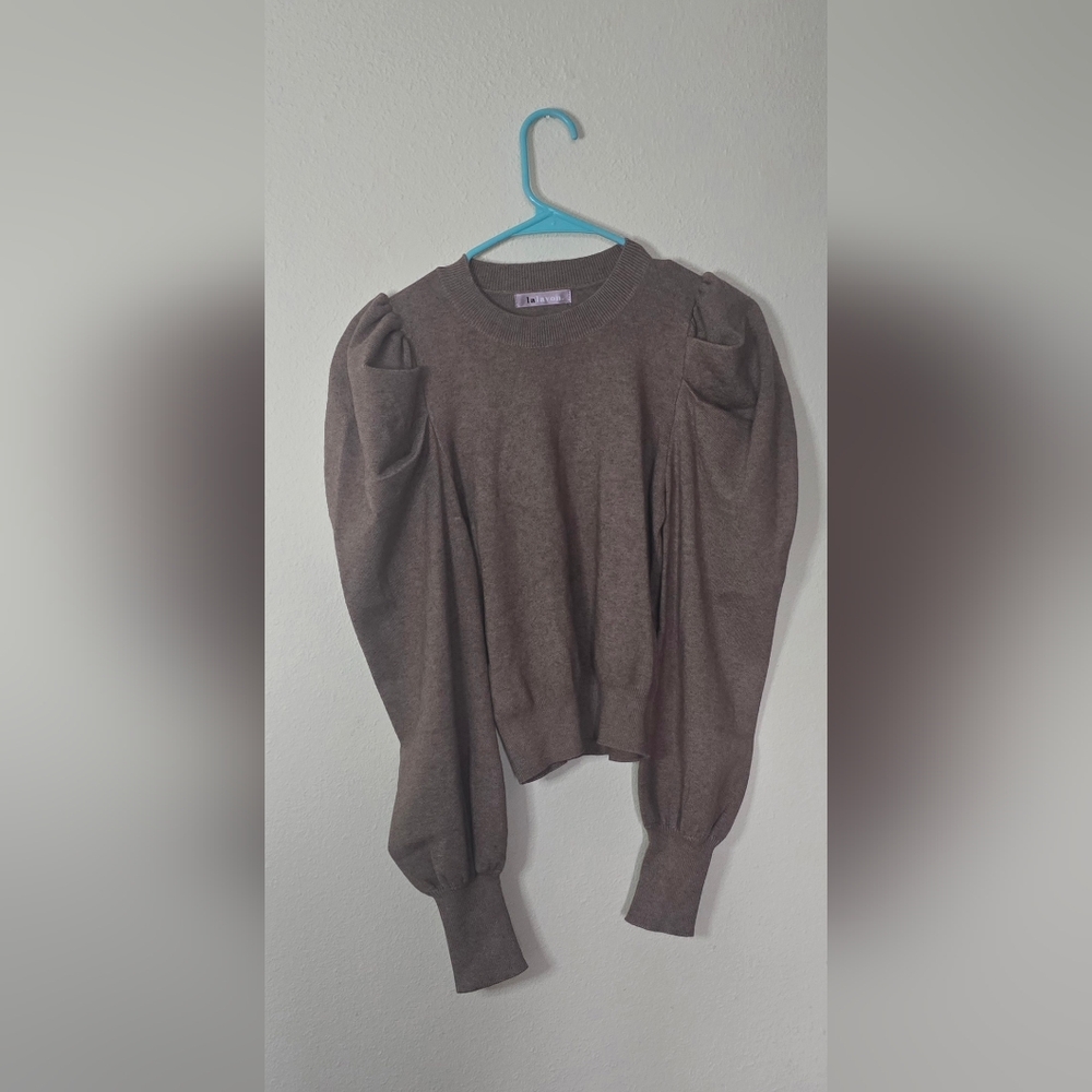 Lalavon Puff Statement Sleeve Sweater Brown Fall Chic Knit Top New Size Small